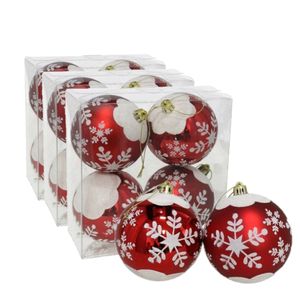 12x stuks gedecoreerde kerstballen rood kunststof 8 cm