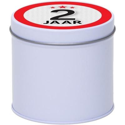 Cadeau koek of snoep blik - met 2 jaar opdruk sticker - 10 x 10 cm - Cadeauverpakking verjaardag Cadeau koek of snoep blik - met 2 jaar opdruk sticker - 10 x 10 cm - Cadeauverpakking verjaardag