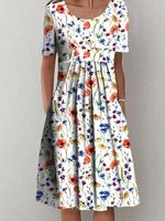 Floral Loosen Casual Short Sleeve Woven Dress - thumbnail