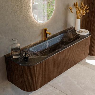 Badmeubel Mondiaz Kurve-Dlux | 150 cm | Meubelkleur Walnut | Wastafelkleur Lava | Solid surface | Midden spoelbak | 1 kraangat