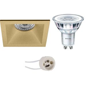 LED Spot Set - Pragmi Pollon Pro - GU10 Fitting - Inbouw Vierkant - Mat Goud - Verdiept - 82mm - Philips - CorePro 827 36D - 4.6W - Warm Wit 2700K