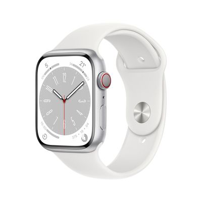 Apple Watch Series 8 GPS + CEL 45MM Zilver Alu - Sportband Wit