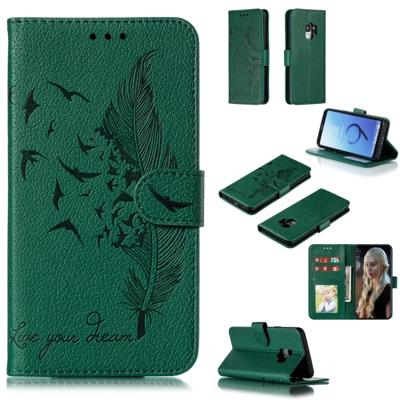 Feather patroon Litchi textuur horizontale Flip lederen draagtas met portemonnee & houder & kaartsleuven voor Galaxy S9 (groen)