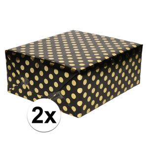 Luxe folie inpakpapier/cadeaupapier - 2x - zwart/gouden stip - 200 x 70 cm