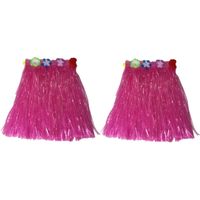 Hawaii thema verkleed rokje - 2x - raffia - roze - 40 cm - volwassenen - thumbnail