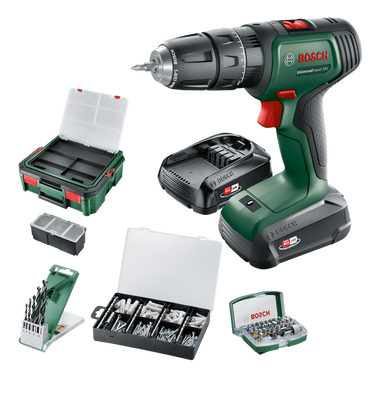 Bosch Groen UniversalImpact 18V | Accuklopboorschroevendraaier | 1.5 Ah + 2.5 Ah accu + lader | + SystemBox en accessoires 06039D4107