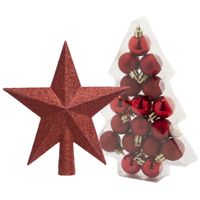 17x stuks kerstballen 3 cm inclusief ster piek rood kunststof - thumbnail