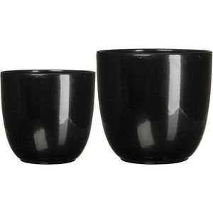 Plantenpot/bloempot zwart glans keramiek - set 2x - D22 en D25 cm