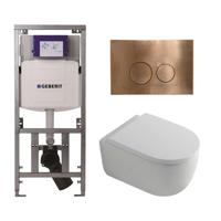 QeramiQ Dely Swirl Toiletset - 36.3x51.7cm - diepspoel - rimless - Geberit UP320 Burda inbouwreservoir - 35mm zitting - koperen bedieningsplaat - ronde knoppen - wit mat 0701131/SW706196/SW1000767/SW1026257