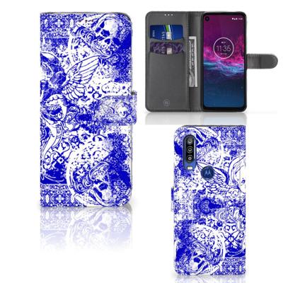 Telefoonhoesje met Naam Motorola One Action Angel Skull Blauw