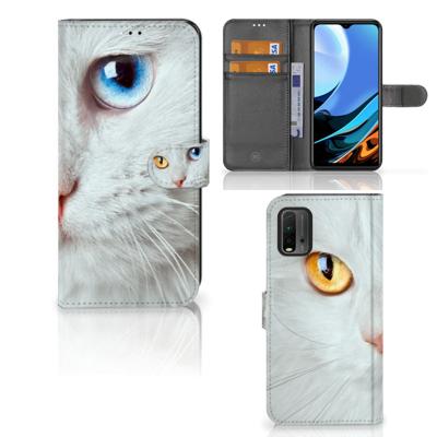Xiaomi Redmi 9T | Poco M3 | Telefoonhoesje | Met pasjeshouder | Witte Kat