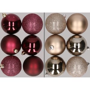 12x stuks kunststof kerstballen mix van aubergine en champagne 8 cm