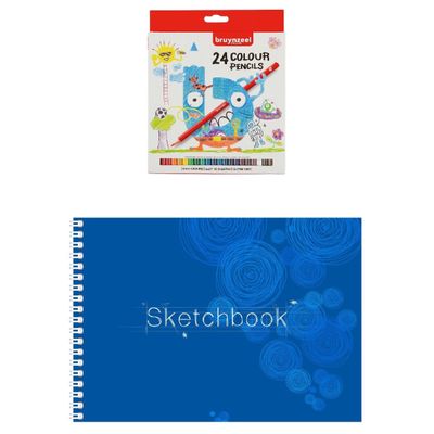 Tekenboek/schetsboek A4 van 20 witte bladzijden met 24x Bruynzeel kleurpotloden
