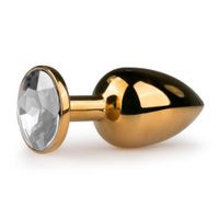 Goudkleurige metalen buttplug met transparante steen - thumbnail
