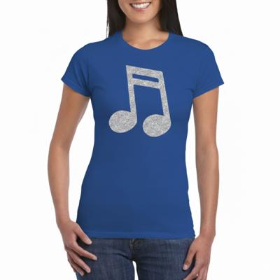Verkleed t-shirt voor dames - blauw - glitter opdruk - zilver - muzieknoot - themafeest Verkleed t-shirt voor dames - blauw - glitter opdruk - zilver - muzieknoot - themafeest