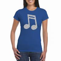 Verkleed t-shirt voor dames - blauw - glitter opdruk - zilver - muzieknoot - themafeest