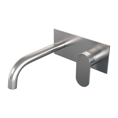 Inbouw Wastafelmengkraan Brauer Brushed Edition Coldstart Gebogen Uitloop Platte Hendel Rechts Geborsteld RVS PVD Met Afdekplaat
