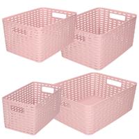 Opbergboxen / opbergmandjes set - 4x stuks - rotan kunststof - roze - met inhoud 5/10/12/18 liter