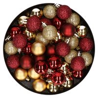 Kleine kunststof kerstversiering 40x stuks set en 3 cm kerstballen in het goud en donkerrood - thumbnail