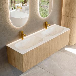 Mondiaz KURVE-DLUX 150 cm Onderkast Greeploos 2 Lades Zonder Deuren Oak, Wastafel Solid Surface Dubbel Ostra 2 Kraangaten Zonder Spiegel (KRVSTS1502L0D2KD-Oak/Ost)