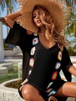 Floral Cold-Shoulder Beach Cover Up - Women's High-Low Summer Dress Black / S