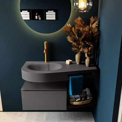 MONDIAZ RIVA 100cm badmeubel onderkast / planchet kleur Dark_Grey met 1 lade. Wastafel DULCET links 1 kraangat kleur Dark_Grey. MONDIAZ RIVA 100cm badmeubel onderkast / planchet kleur Dark_Grey met 1 lade. Wastafel DULCET links 1 kraangat kleur Dark_Grey.