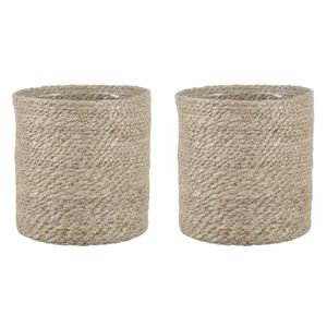 2x stuks naturel rotan planten pot mand van gedraaid jute/riet H18 en D18 cm