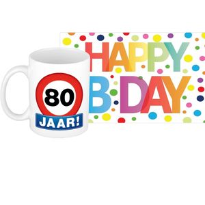 Verjaardag cadeau mok/beker 80 jaar print 300 ml + A5-size wenskaart Happy Birthday