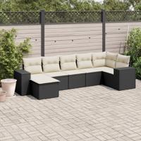 7-delige Loungeset met kussens poly rattan zwart