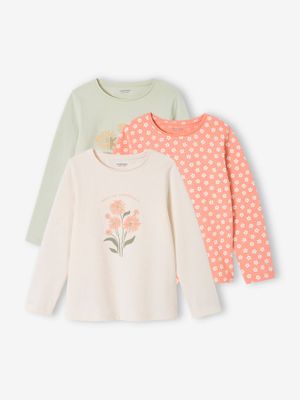 Set van 3 T-shirts voor meisjes met lange mouwen Oeko-Tex® amandelgroen