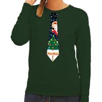 Bellatio Decorations Foute kersttrui - sweater - met stropdas kerst print - groen - voor dames