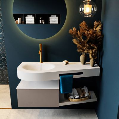 MONDIAZ RIVA 120cm badmeubel onderkast / planchet kleur Smoke met 1 lade. Wastafel DULCET links 1 kraangat kleur Talc. MONDIAZ RIVA 120cm badmeubel onderkast / planchet kleur Smoke met 1 lade. Wastafel DULCET links 1 kraangat kleur Talc.