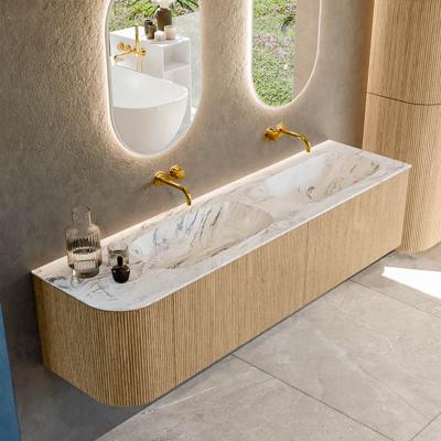 Mondiaz KURVE-DLUX 175 cm Onderkast Greeploos 2 Lades Met Deuren Oak, Wastafel Solid Surface Rechts Glace 0 Kraangaten Zonder Spiegel (KRVSTS175L2L1D0KD-Oak/Gla)
