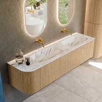 Mondiaz KURVE-DLUX 175 cm Onderkast Greeploos 2 Lades Met Deuren Oak, Wastafel Solid Surface Rechts Glace 0 Kraangaten Zonder Spiegel (KRVSTS175L2L1D0KD-Oak/Gla)