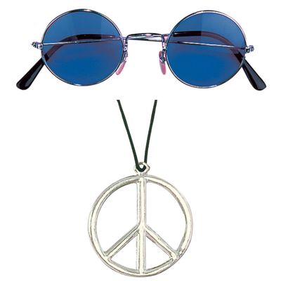 Hippie Flower Power Sixties verkleed set ketting met blauwe party bril