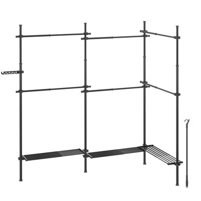 Telescoop kledingrek met verstelbare stangen en planken, Mat zwart / 33,5 x (240-353) x (208-310) cm