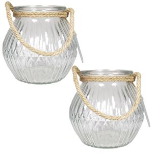 Set van 3x stuks glazen ronde windlichten Crystal 2,5 liter met touw hengsel/handvat 16 x 14,5 cm