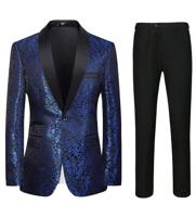 Bon&Bon Men's Slim Fit Floral Tuxedo Suit - Blue Shawl Lapel Blazer Set Blue / XXXL