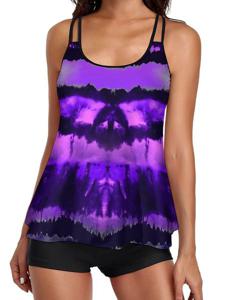 Fashion Floral Print Cutout Tank Top Boxer Split Tankini