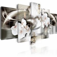 Schilderij - Orchidee in volle pracht , wit zilver look , 5 luik