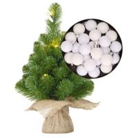 Mini kunst kerstboom - H45 cm - met verlichting en kerstballen - wit - kunstboom