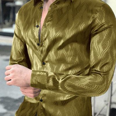 Bon&Bon Men's Allover Print Casual Shirt | Black Long Sleeve Mustard Yellow / XXL