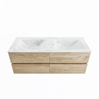 MONDIAZ VICA-DLUX 130cm badmeubel onderkast Washed Oak 4 lades. Inbouw wastafel CLOUD dubbel zonder kraangat, kleur Opalo.