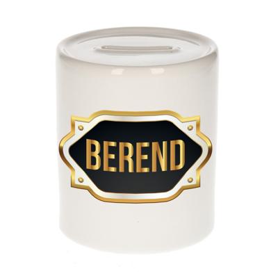 Spaarpot met voornaam Berend - wit - goud/zwart embleem - 8 x 9 cm - keramiek - afsluitdop Spaarpot met voornaam Berend - wit - goud/zwart embleem - 8 x 9 cm - keramiek - afsluitdop