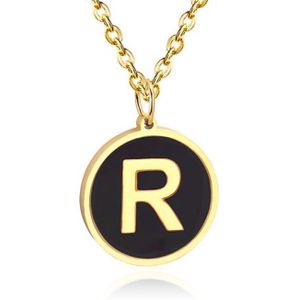 Goudkleurige Dames Schakelketting met Zwarte Kettinghanger Letter R