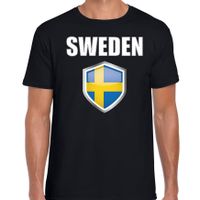 Zweden landen supporter t-shirt met Zweedse vlag schild zwart heren - thumbnail