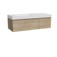 Storke Edge zwevend badmeubel 130 x 52 cm ruw eiken met Mata High asymmetrisch linkse wastafel in solid surface mat wit