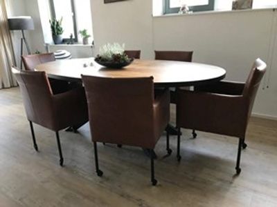 Set van 6 leren kuip eetkamerstoelen - met wieltjes - bruin leer - Echt leer, Modern, ontdek de vele Leersoorten en Kleuren bij ShopX