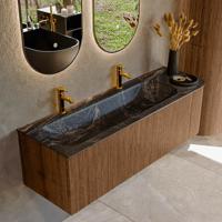 Mondiaz KURVE-DLUX 145 cm Onderkast Greeploos 1 Lade Met Deuren Walnut, Wastafel Solid Surface Links Lava 2 Kraangaten Zonder Spiegel (KRVBGL145R1L1D2KL-Wal/Lav)