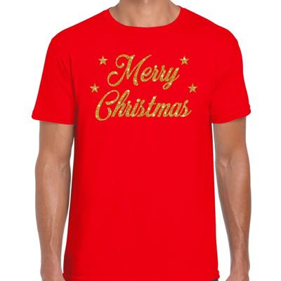 Foute Kersttrui t-shirt - Merry Christmas - rood - met gouden glitter letters - heren